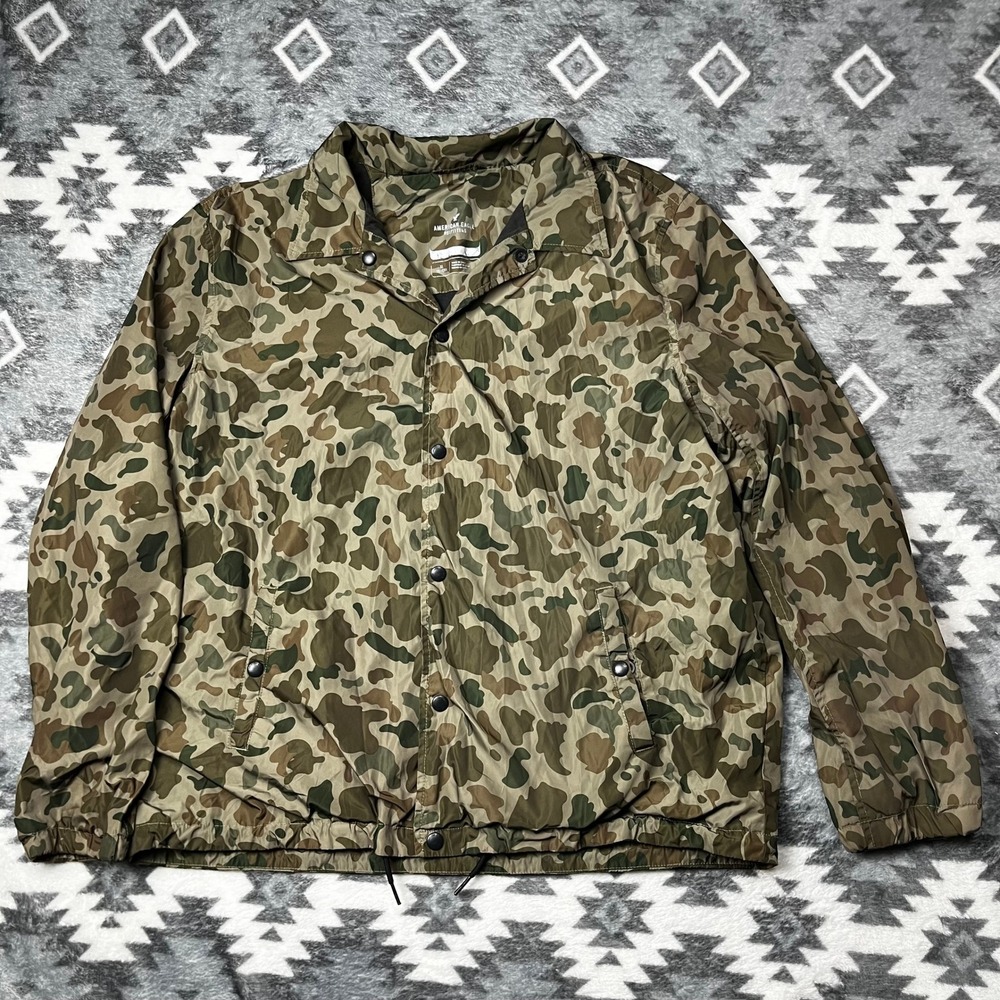 American Eagle Mens XL Duck Camo Frog Skin Coach Jacket Snaps Light Windbreaker